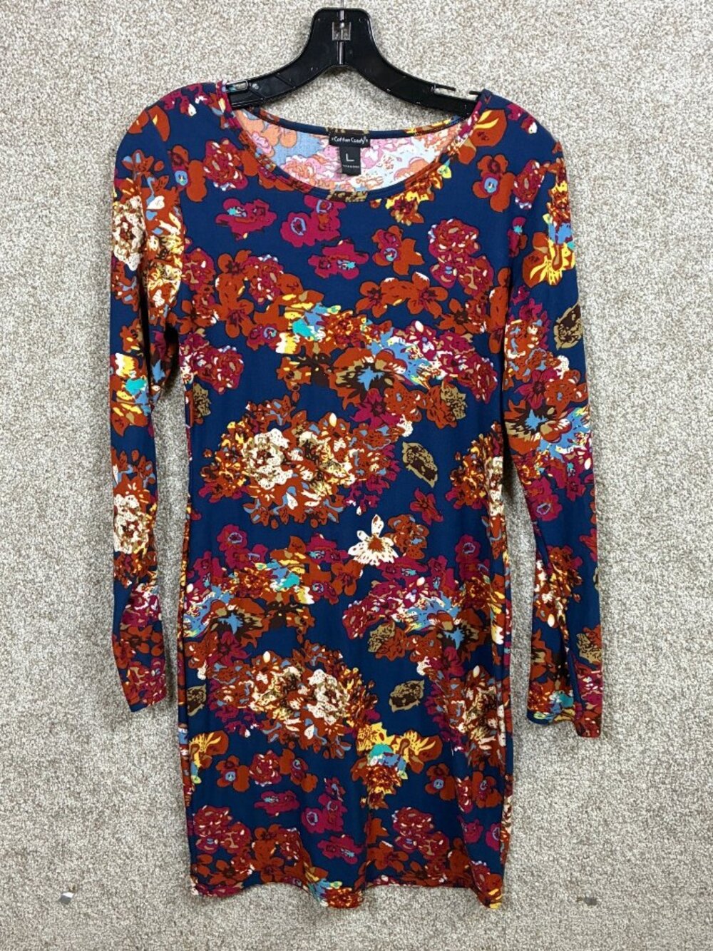 Cotton Candy Womens L Floral Dress Navy Rust Long Sleeve Stretch Bodycon Midi